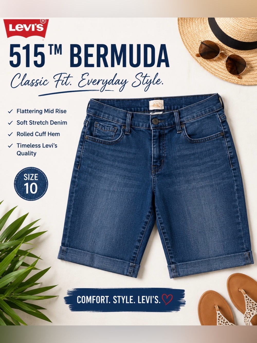 Levi’s 515 Bermuda Denim Shorts Womens Size 10 Blue Mid Rise Rolled Cuff Stretch